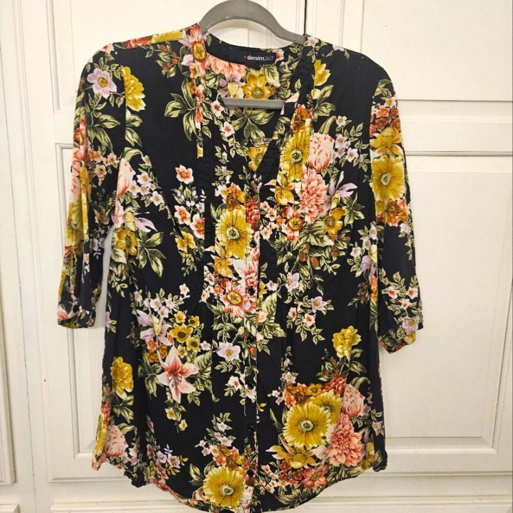 Denim&Co Floral Blouse - Black, Yellow, Pink - Picture 9 of 9